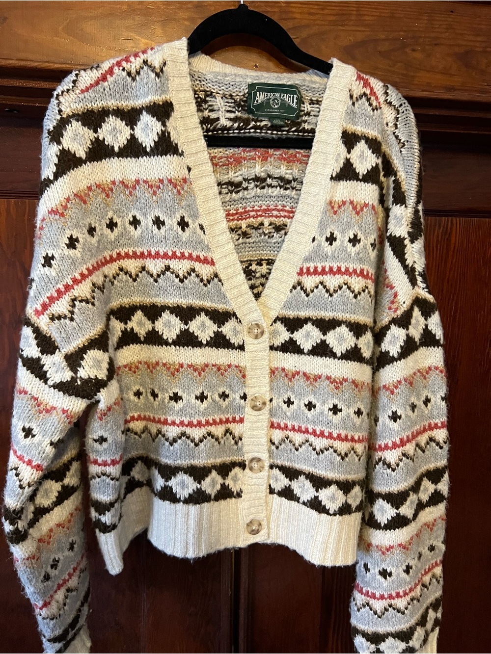American Eagle Outfitters Cream Fair Isle V-Neck Button Cardigan